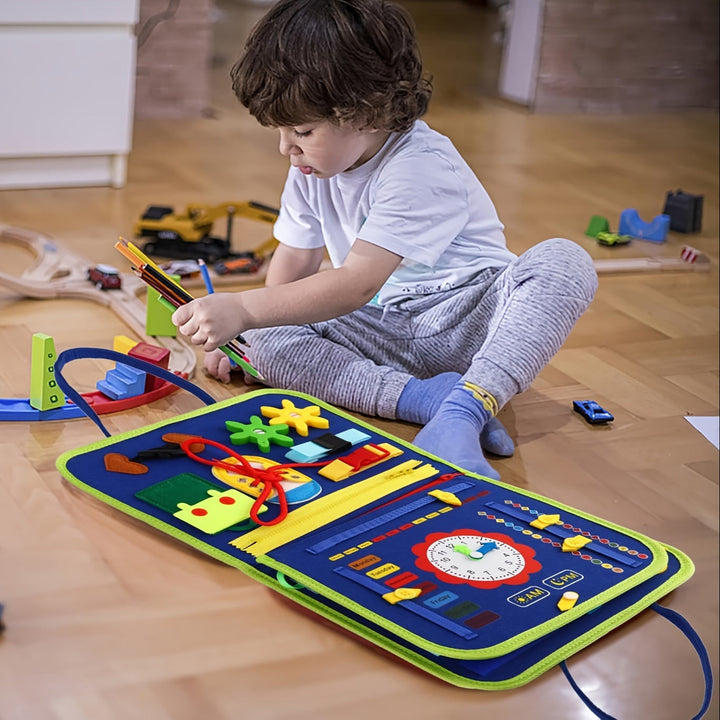 Vibrant 25-in-1 busy board, a great toddler toy for sensory exploration, early learning, and quiet play.
