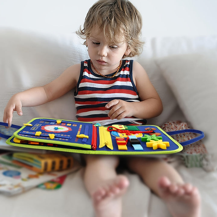 Preschool learning busy board with 25 activities, perfect for improving fine motor skills & problem-solving.