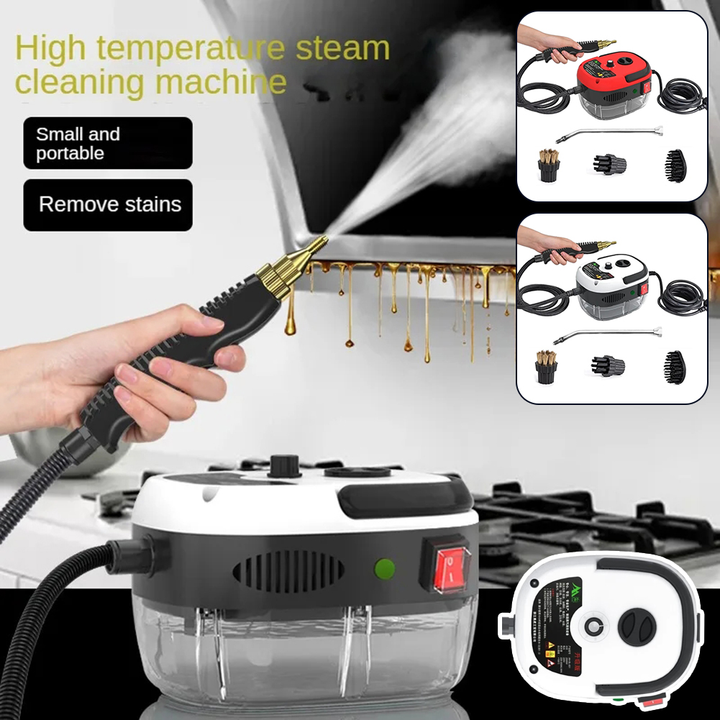 Red & white 2500W steam cleaner with 6 settings for chemical-free home cleaning & sanitizing.