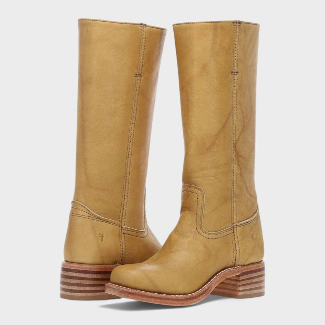 Women's fashion knee-high boots, Western style with a chic block heel, ideal for sophisticated outfits.
