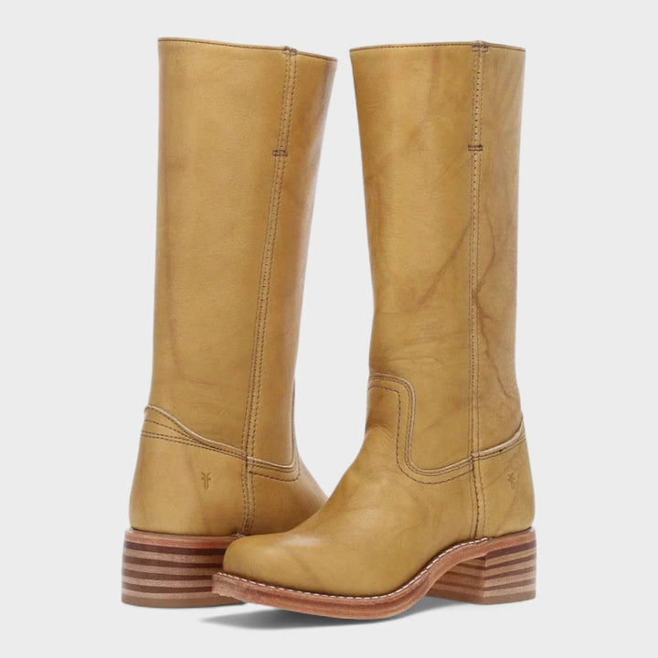 Women's fashion knee-high boots, Western style with a chic block heel, ideal for sophisticated outfits.