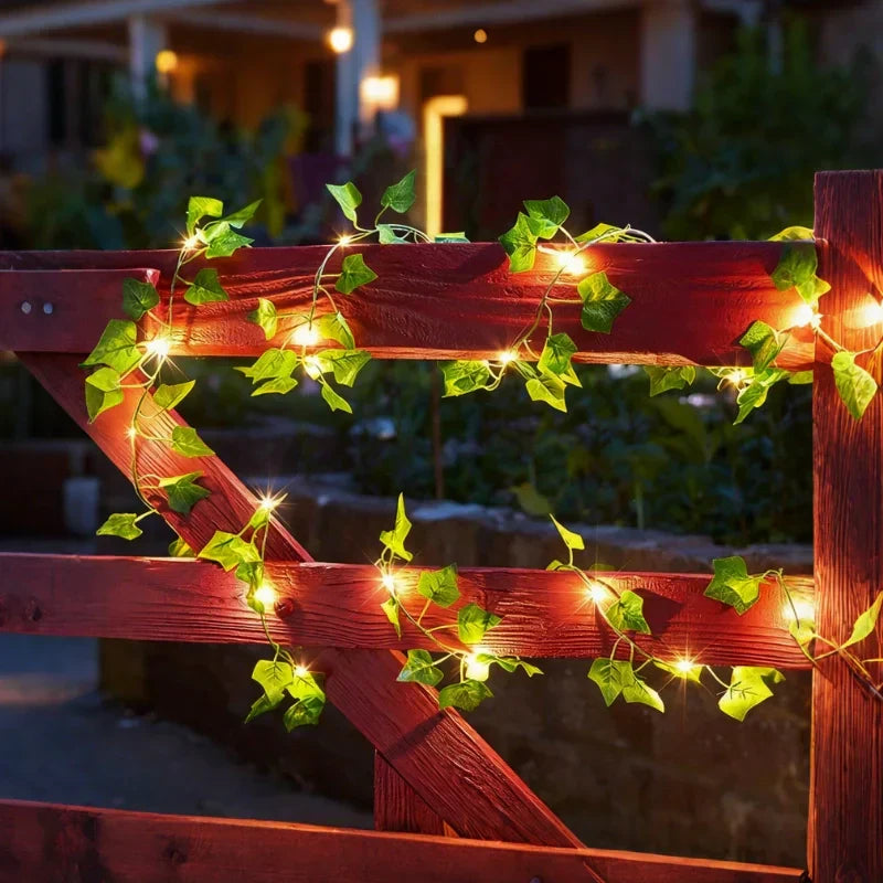 Artistic LED leaf vine lights, warm white, enhancing home decor with soft ambiance.