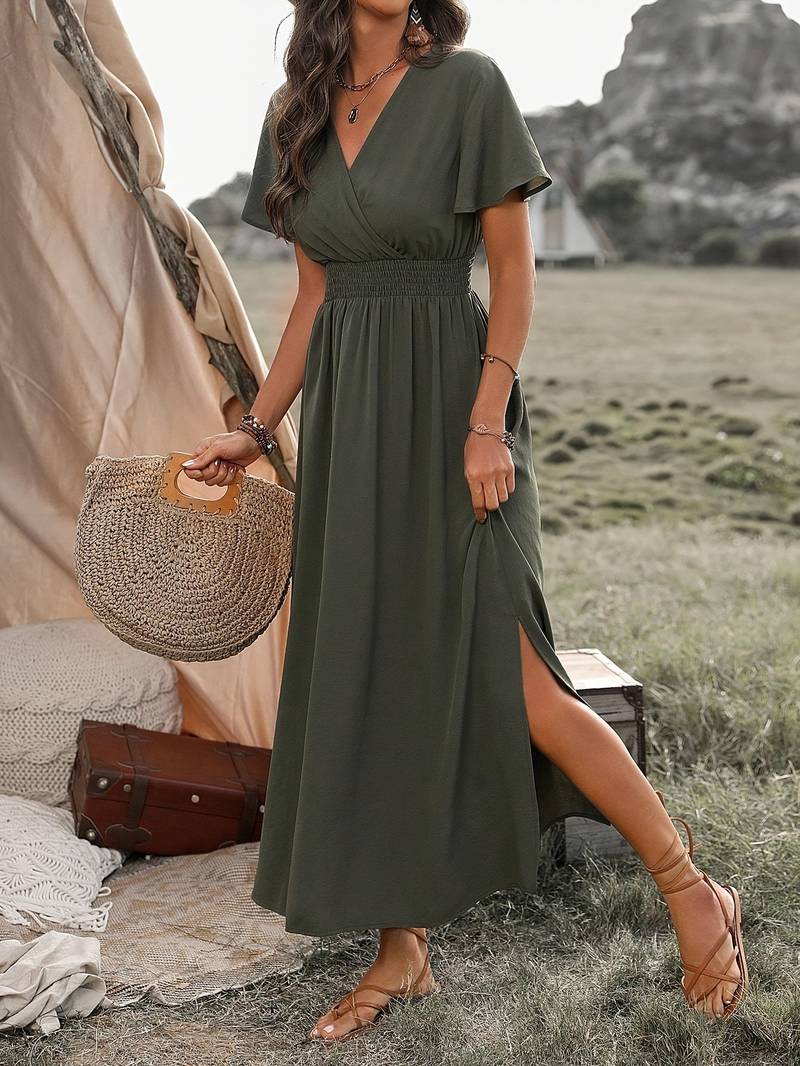 Women's elegant olive green V-neck long boho maxi dress. Perfect for summer and casual wear.