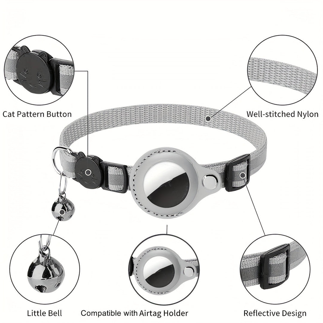 Essential feline gear: reflective safety cat collar, quick-release buckle, and bell for visibility.