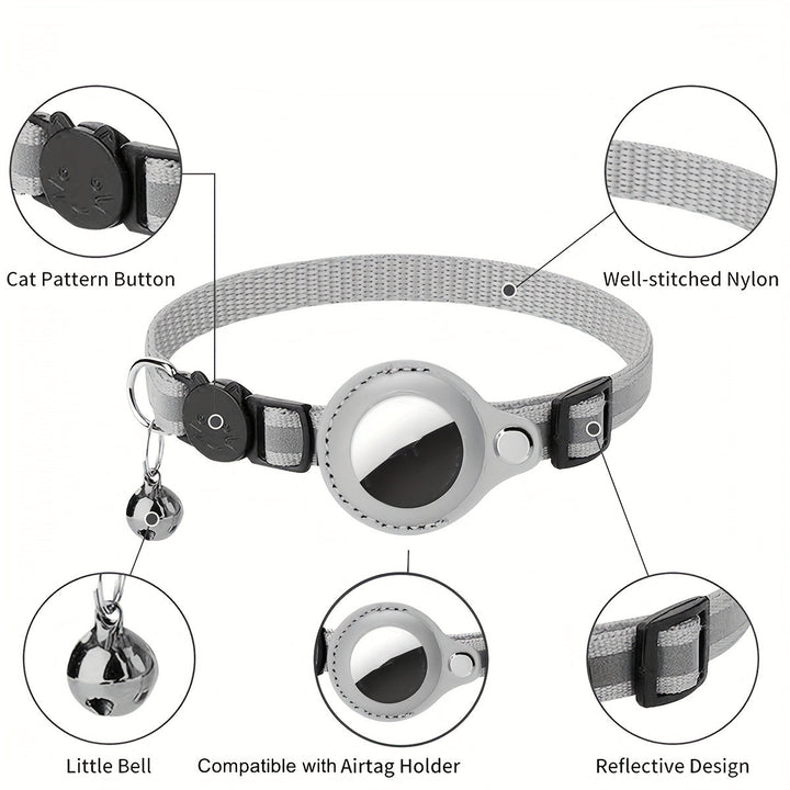 Essential feline gear: reflective safety cat collar, quick-release buckle, and bell for visibility.