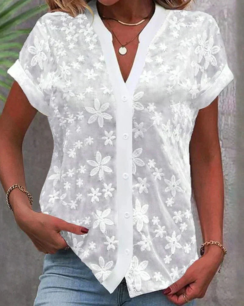 Women's Floral Lace Blouse with V-Neck