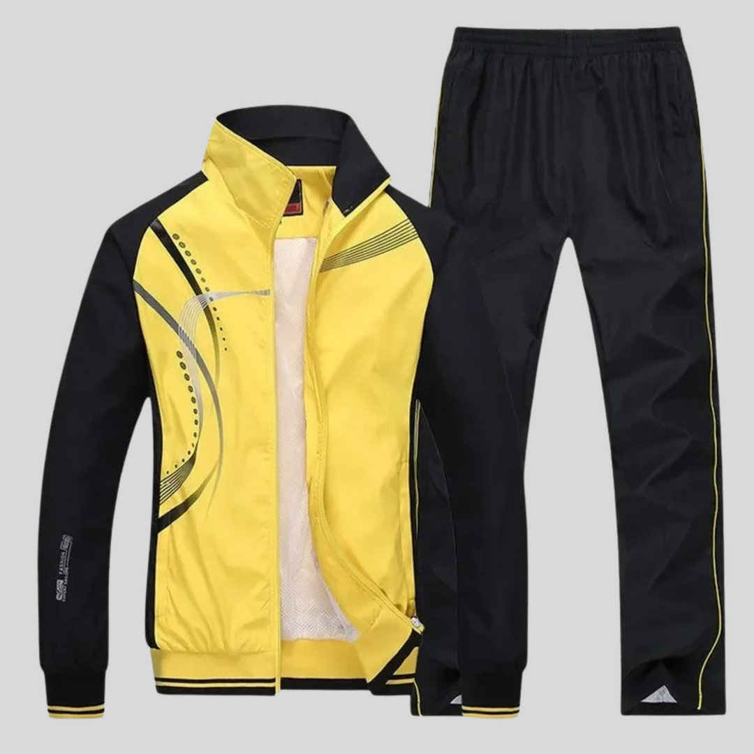 Mens modern performance athletic two-piece set, activewear tracksuit for gym, travel & leisure.