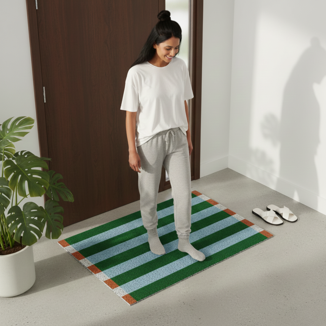 Durable PVC striped doormat for entryway. Perfect outdoor & indoor anti-slip mat, enhancing home decor.