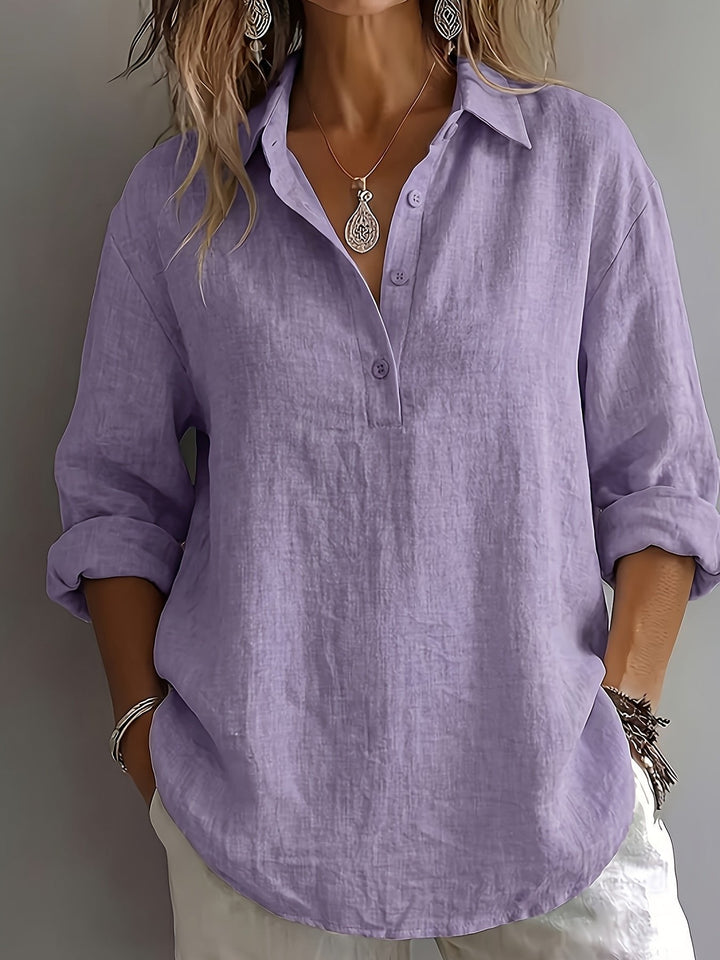 Women's relaxed collared blouse. Effortless style, long sleeve for all-day comfort.