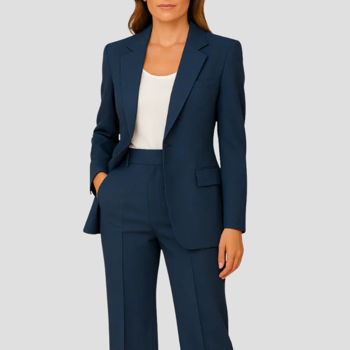Women's tailored two-piece blazer suit set in a professional color for business elegance and formal wear.