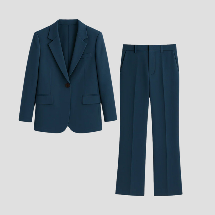 Stylish women's longline tailored blazer, part of a two-piece suit, perfect for professional and business chic outfits.