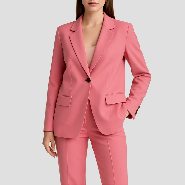 Elegant women's two-piece suit featuring tailored blazer & matching trousers, ideal for professional business attire.