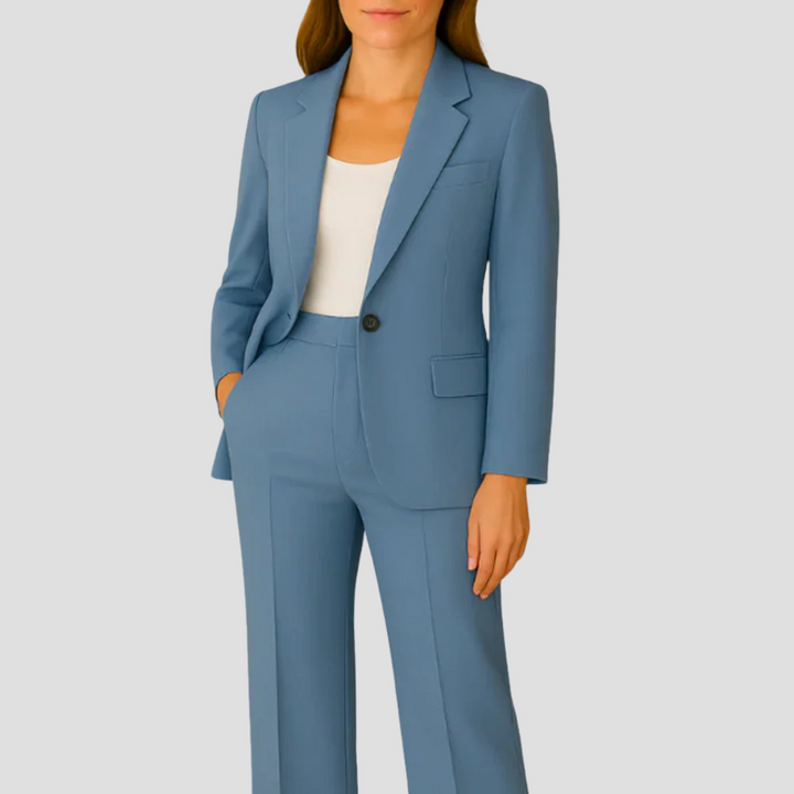Complete women's two-piece suit set: sophisticated tailored blazer & matching trousers for professional elegance.