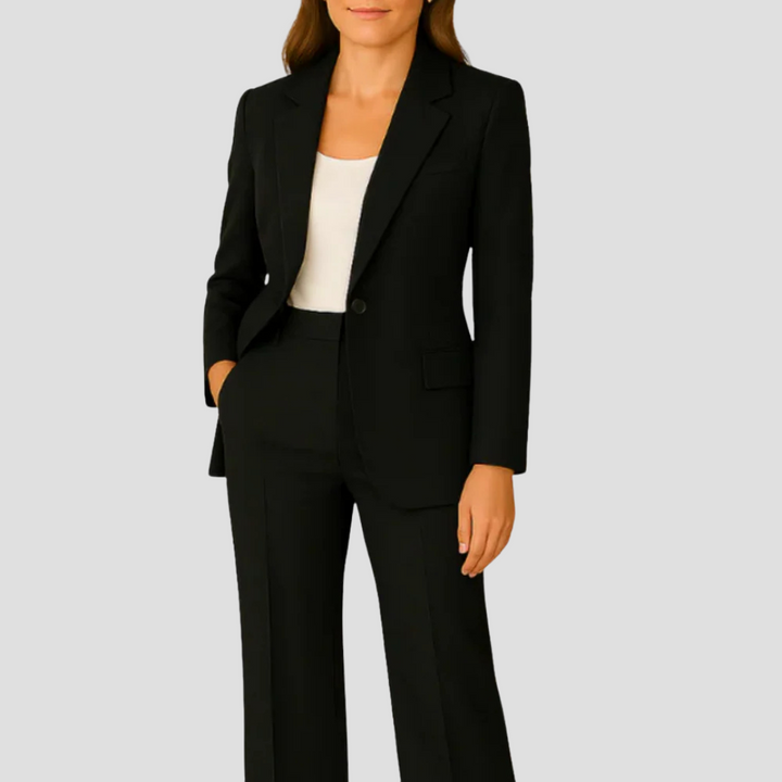 Full-length view of a women's tailored two-piece blazer suit set, designed for elegant professional business wear.