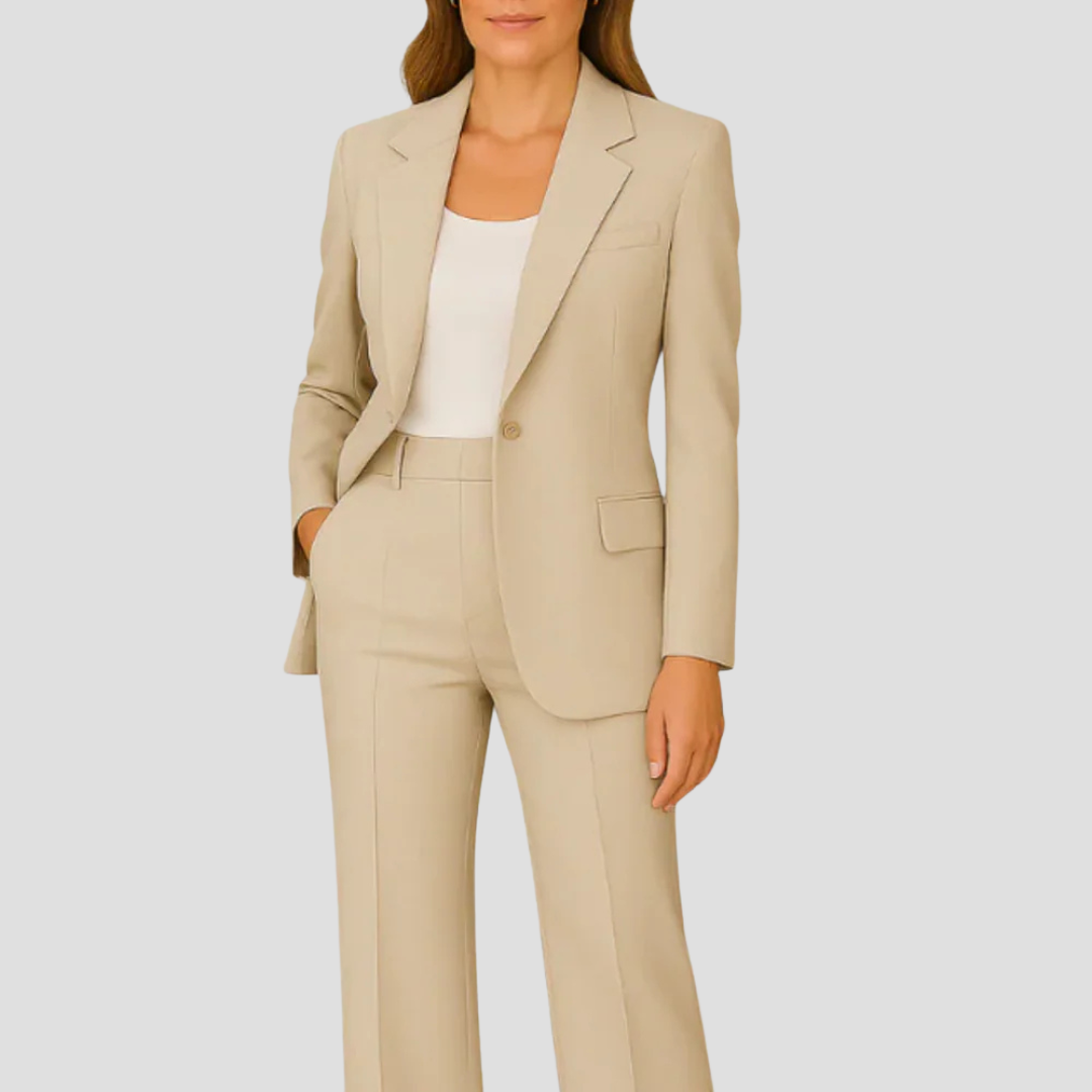 Chic women's tailored two-piece blazer suit, a versatile and elegant outfit for professional and formal occasions.
