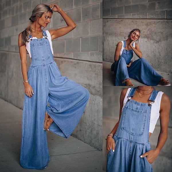Women's Wide-Leg Denim Dungaree Jumpsuit