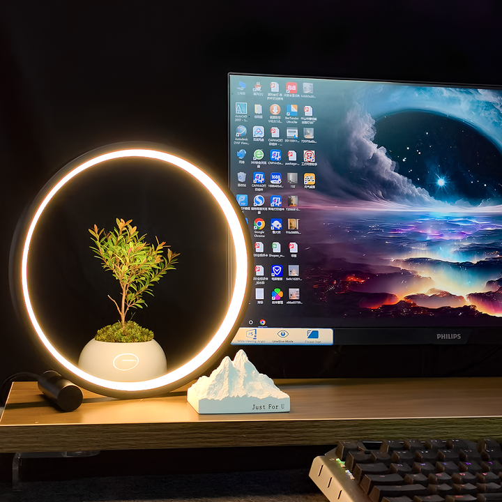 Minimalist dimmable halo ring LED lamp for a modern bedroom, provides soft ambient nightstand lighting.