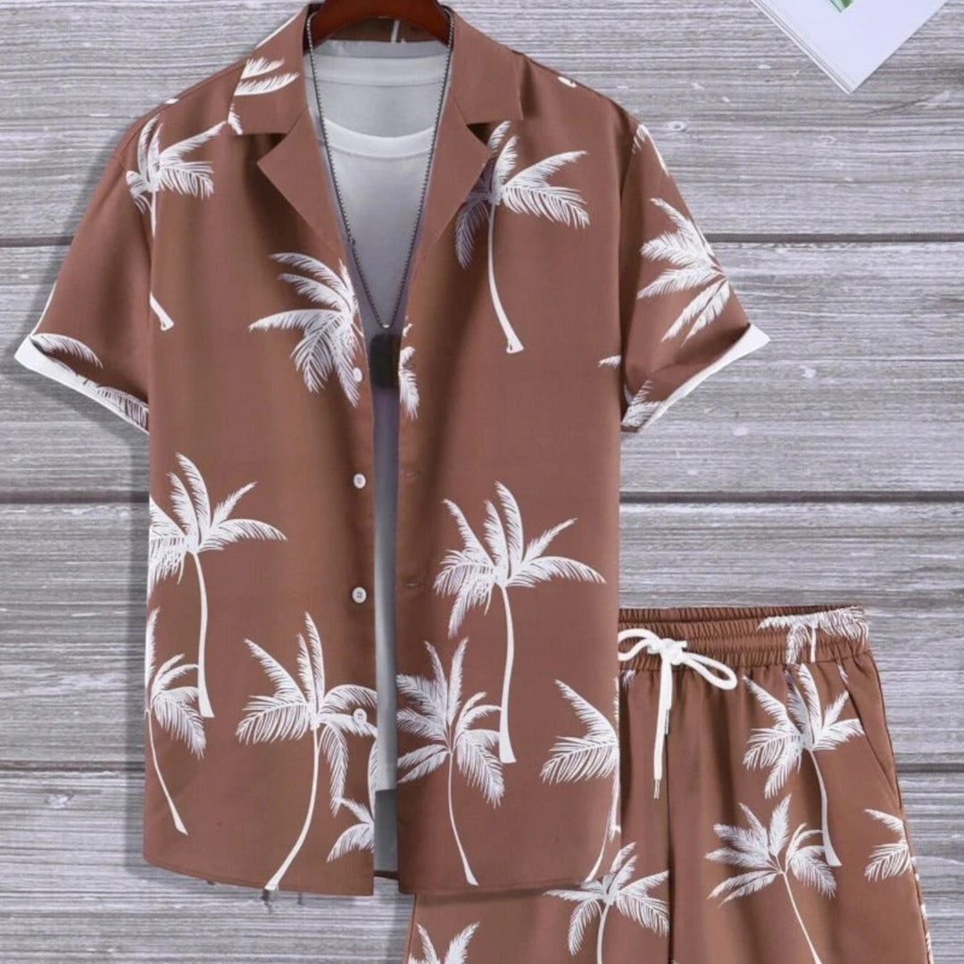 Men's short sleeve tropical shirt and coordinating shorts set for a cool summer and vacation style.