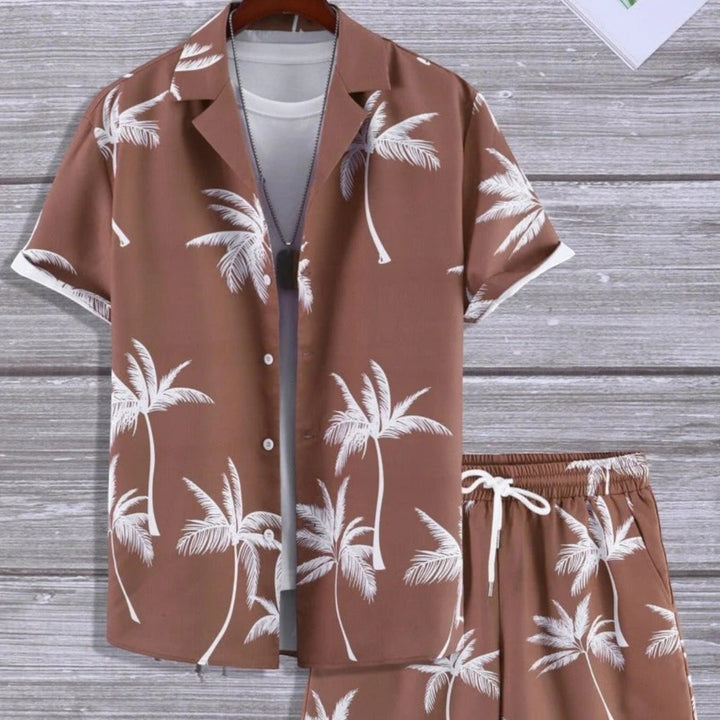 Men's short sleeve tropical shirt and coordinating shorts set for a cool summer and vacation style.