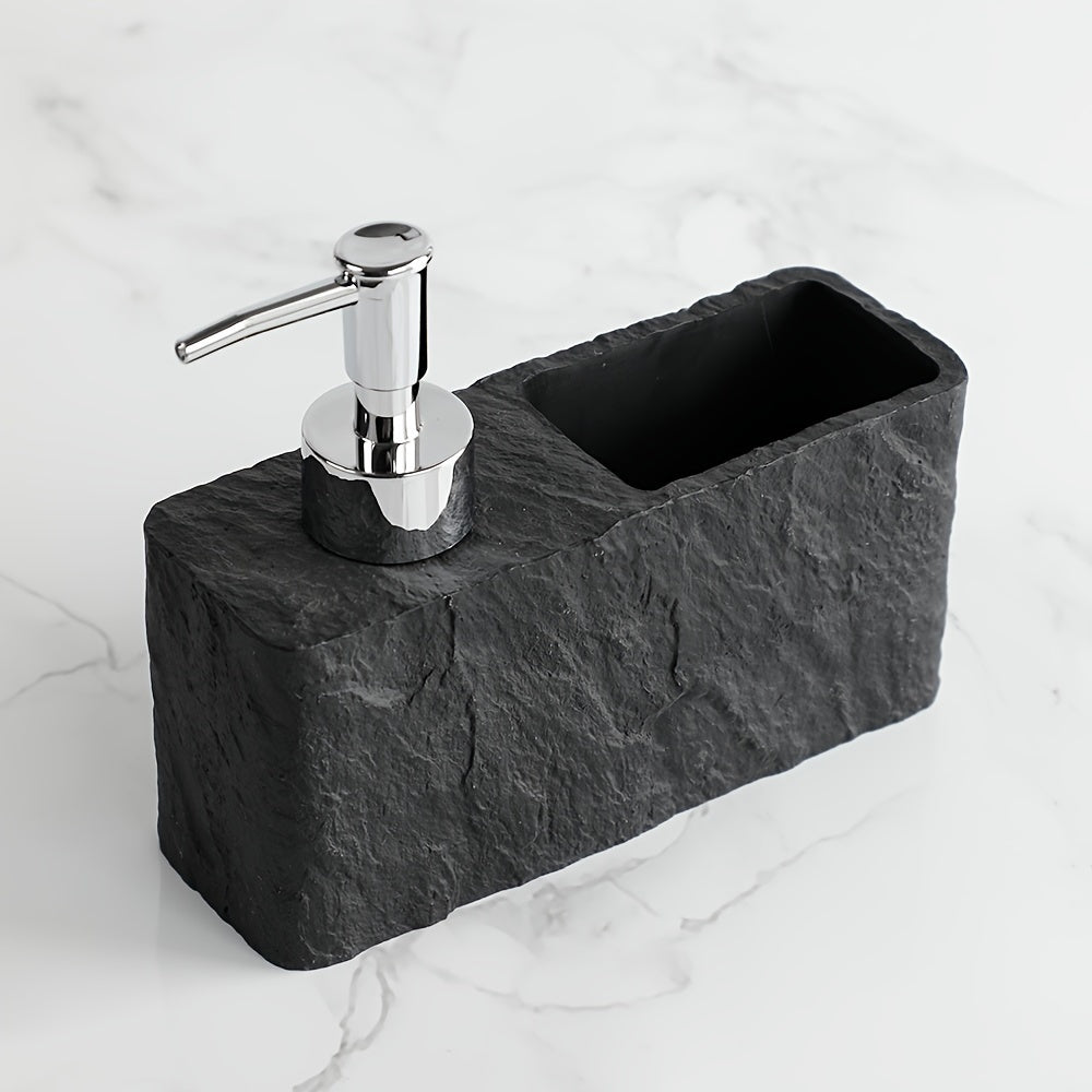 Stone-style soap dispenser with integrated sponge holder, perfect for kitchen sink organization.