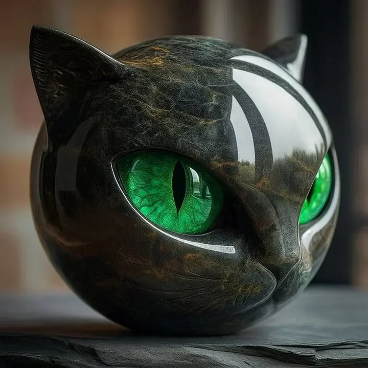 Unique black cat head statue with glossy finish, an elegant animal sculpture and modern art for your home.