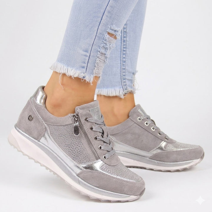 Women's orthopedic zip-up mesh sneakers. Comfortable, supportive, breathable for walking & everyday wear.