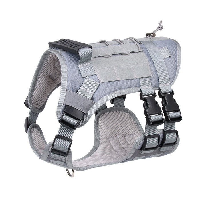 Tactical dog harness with MOLLE system for pouches, versatile pet gear for working dogs & outdoor enthusiasts.