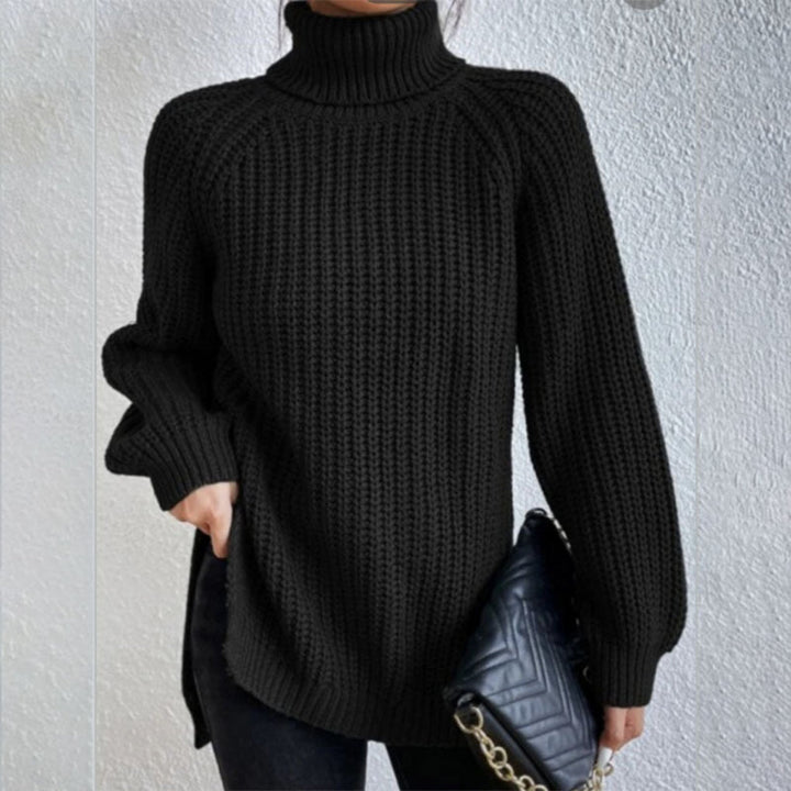Cozy women's long sleeve turtleneck pullover, split hem. Essential fall fashion and winter wear piece.