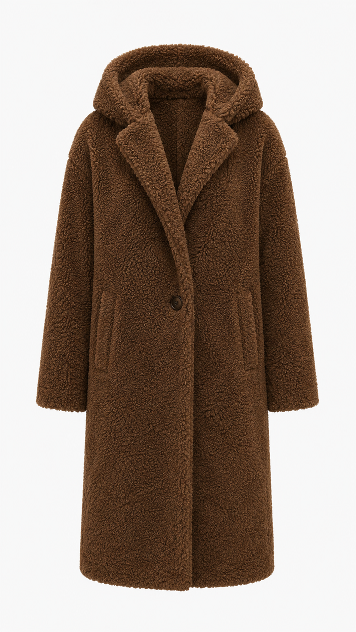 Warm women's fall coat, cozy knee-length outerwear for elegant seasonal layering.