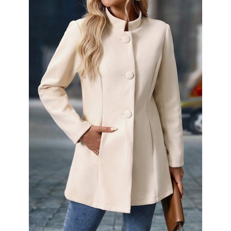 Classic long-sleeve women's trench coat with a chic stand collar, perfect elegant fall outerwear.