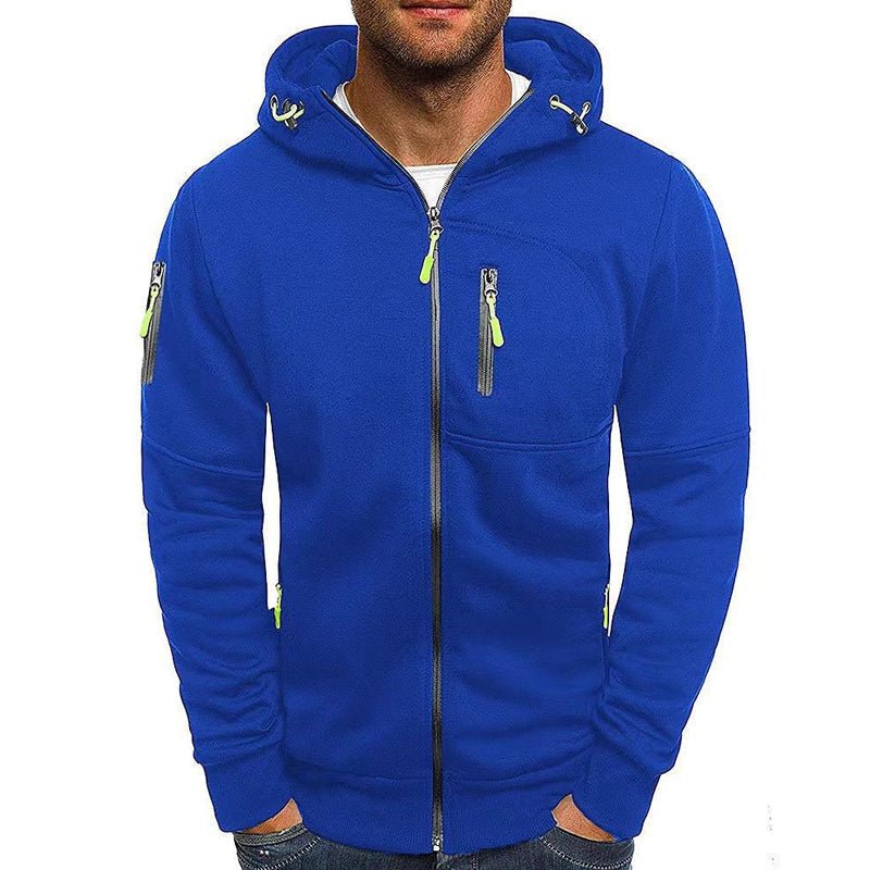 Person in a comfortable unisex hooded zip-up sweatshirt jacket, perfect for activewear and everyday comfort.