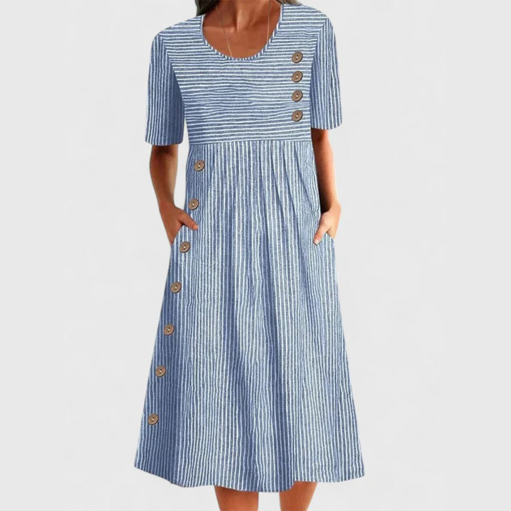 Women's blue striped midi dress with 3/4 sleeves, perfect for casual wear & summer style. Comfortable & elegant.