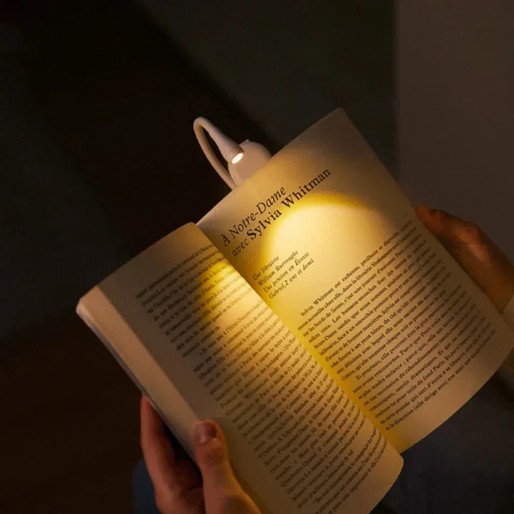 Rechargeable USB clip-on reading light with flexible neck, multiple brightness levels for comfort.