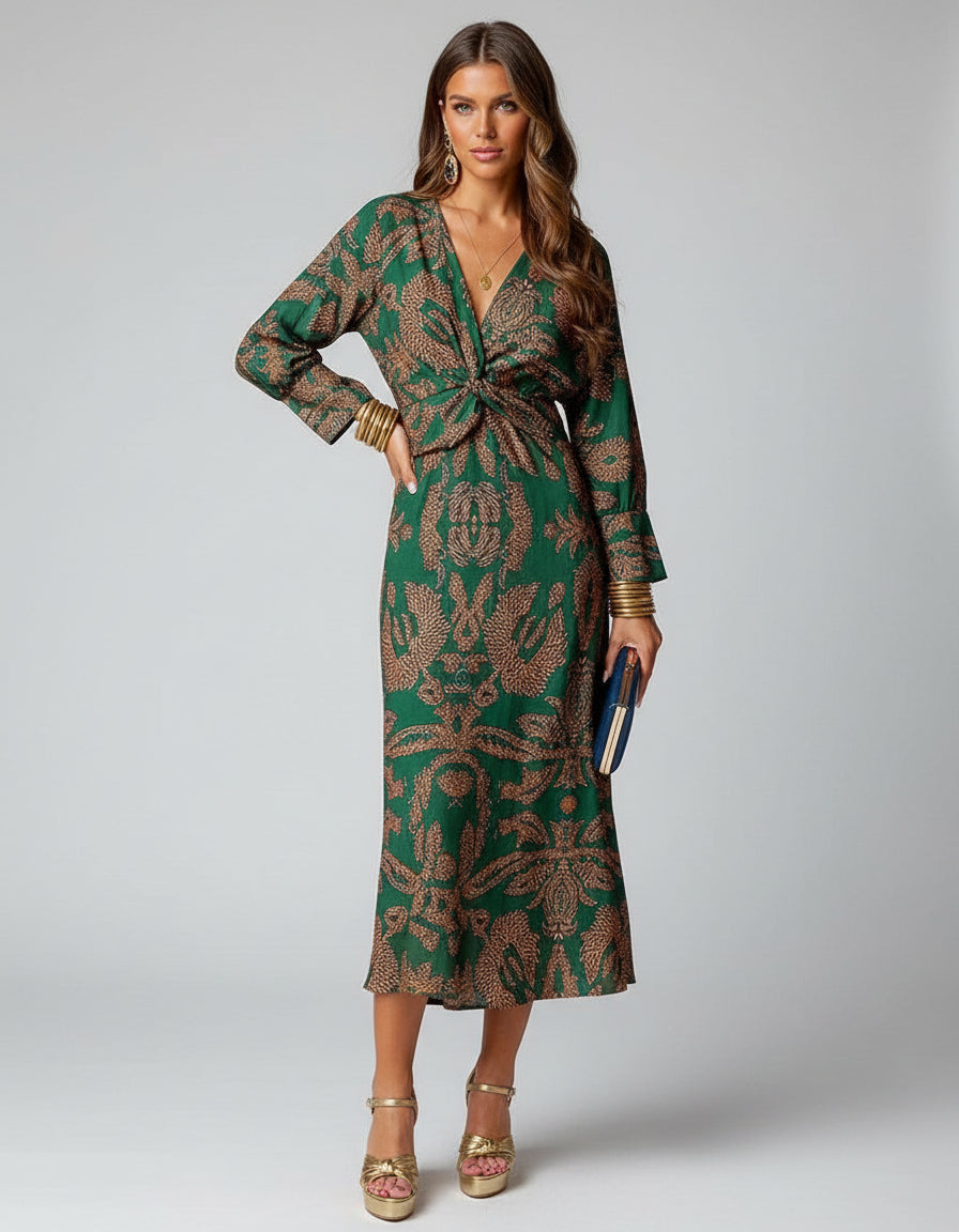 Elegant flowing women's boho wrap dress, versatile for chic summer outings or a relaxed vacation look.