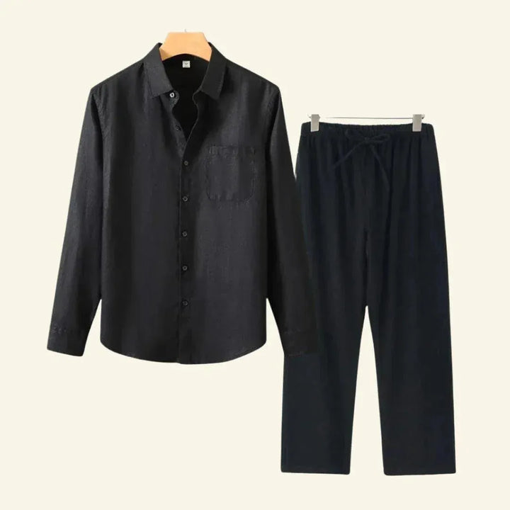 Effortless men's casual co-ord set: stylish two-piece shirt & trousers combo for relaxed summer fashion.