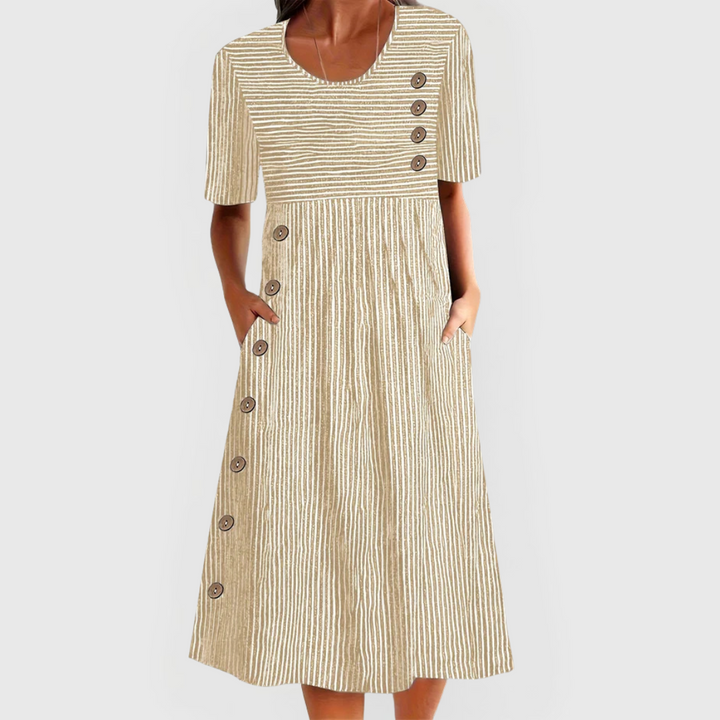 Elegant beige striped midi dress for women, suitable for any occasion. Effortless style & comfortable fashion.
