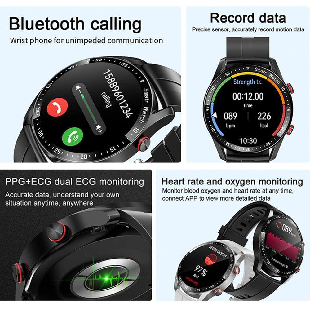 Unisex wearable tech health watch on wrist, tracking fitness, sleep, & blood sugar levels.