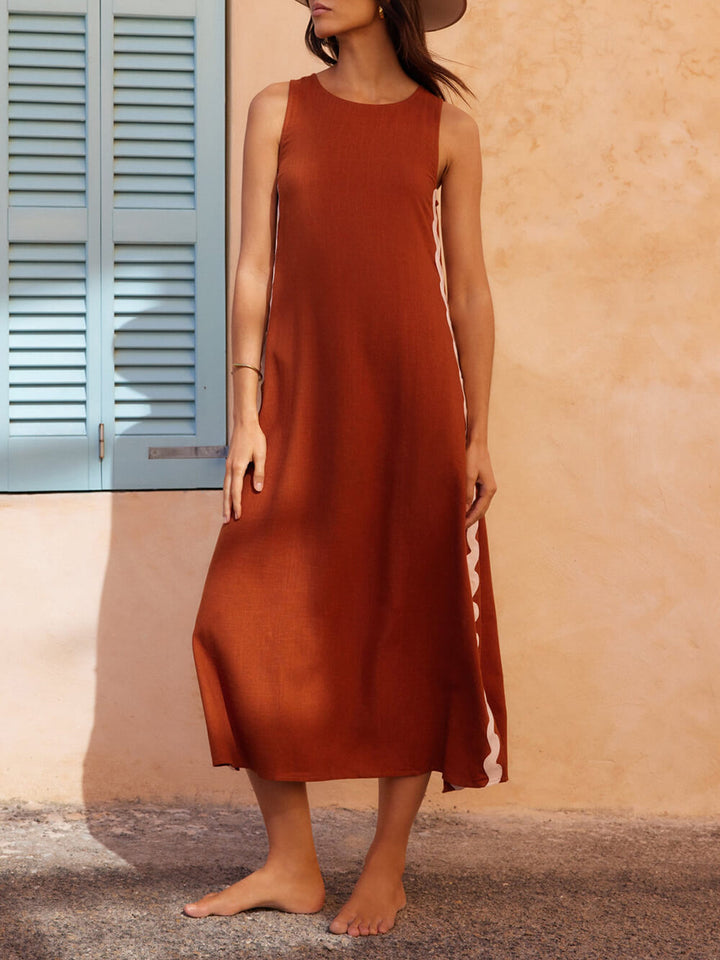 Women's Midi Dress with Wave Trim and Side Slit