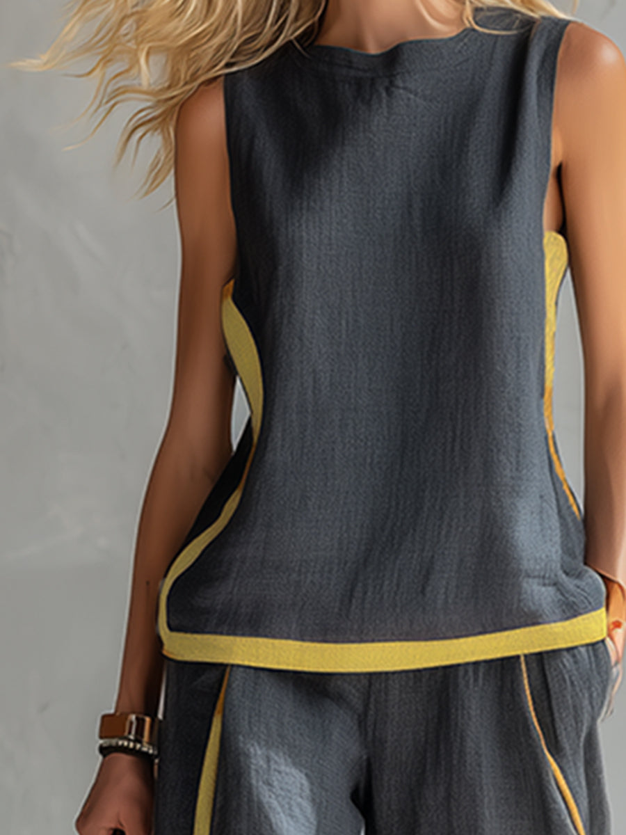 Stylish women's sleeveless and wide leg trouser set, ideal for business casual or elegant outfits.
