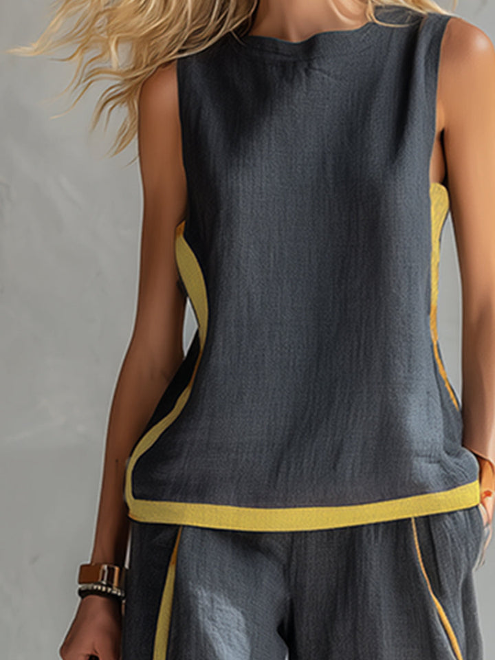 Stylish women's sleeveless and wide leg trouser set, ideal for business casual or elegant outfits.