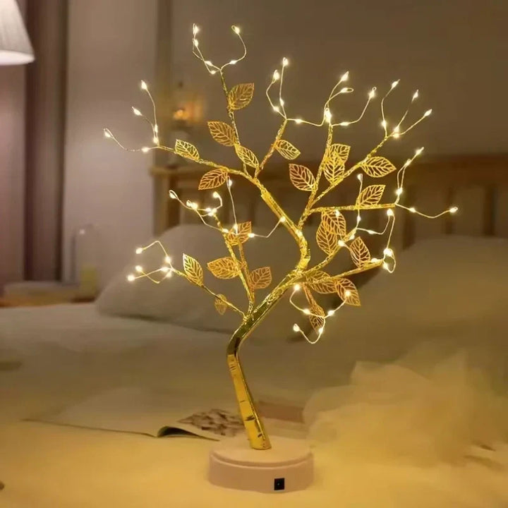 Modern LED golden leaf bonsai tree lamp, a stylish warm white table light that enhances any room's home decor.