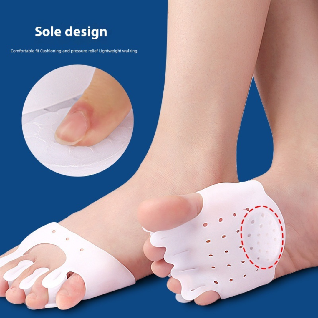 Foot care silicone pad for bunions. Unisex split toe separator with massager design promotes pain relief.