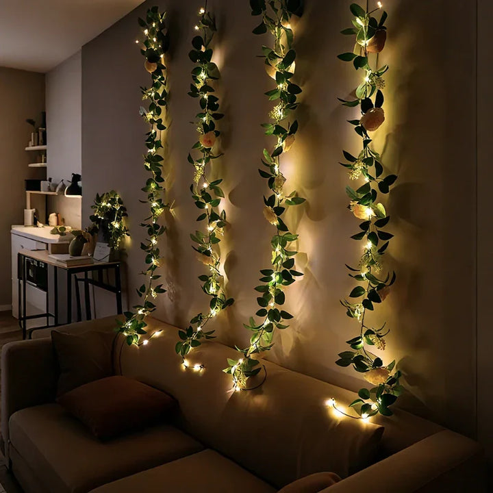 Versatile LED leaf vine lights, warm white, perfect for wedding, holiday, or daily decor.