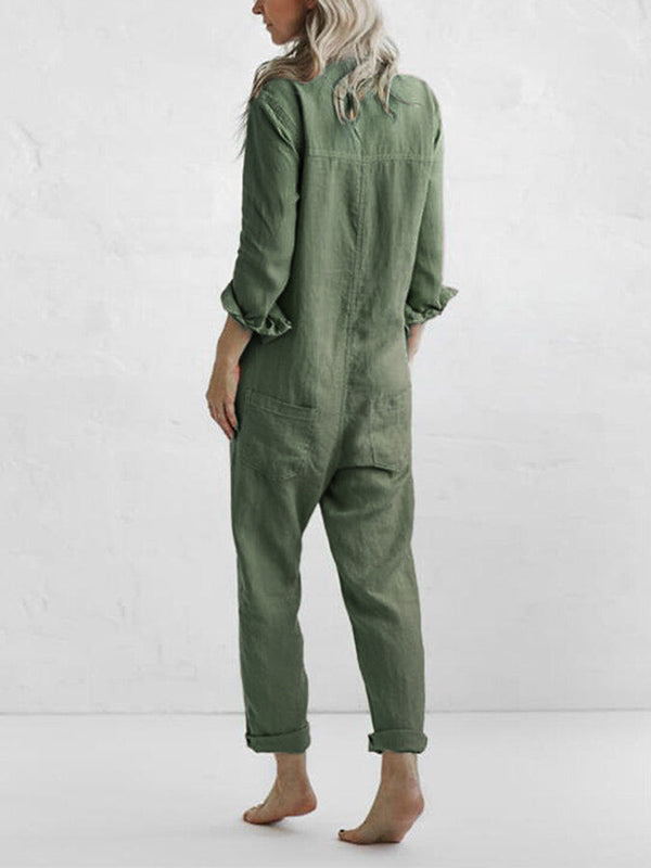 Stylish women's long sleeve jumpsuit in a relaxed fit, featuring a chic button-front design.