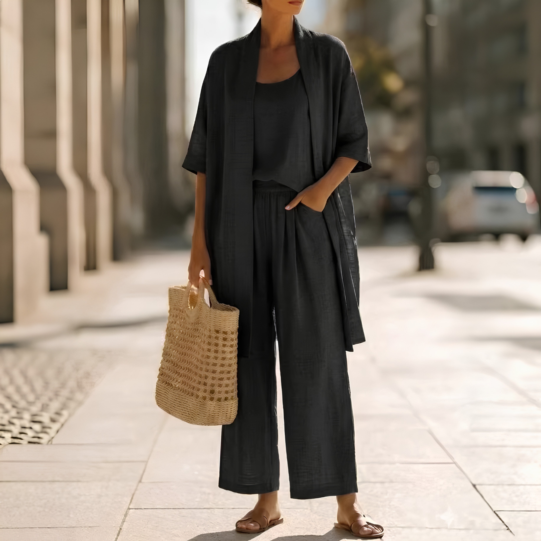 Elegant women's 3-piece cardigan set with straight leg pants & sleeveless tank for versatile style.