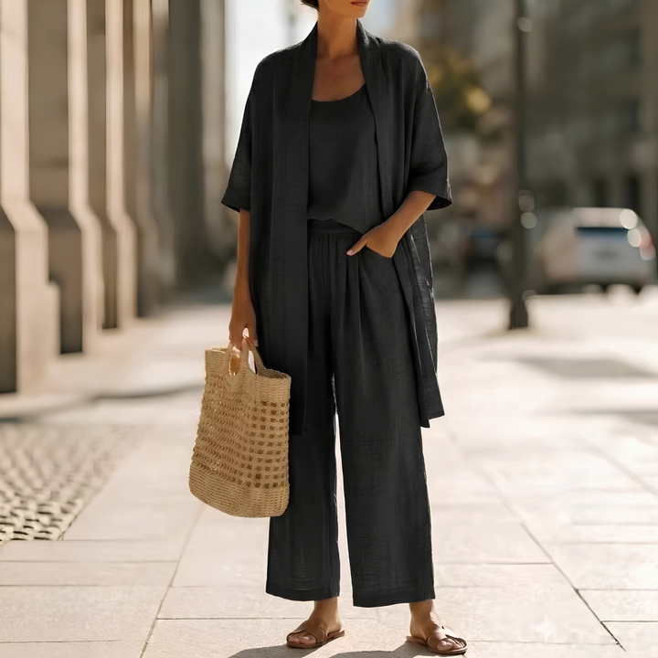 Elegant women's 3-piece cardigan set with straight leg pants & sleeveless tank for versatile style.