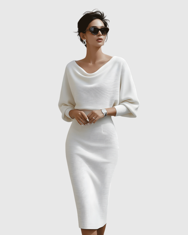 Stylish women's cowl neck batwing sleeve midi dress in black, perfect for elegant occasions.