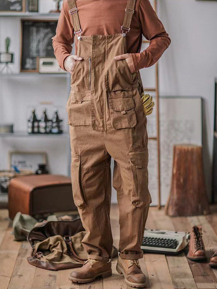Fashionable men's utility overalls, offering both comfort & practical workwear features.
