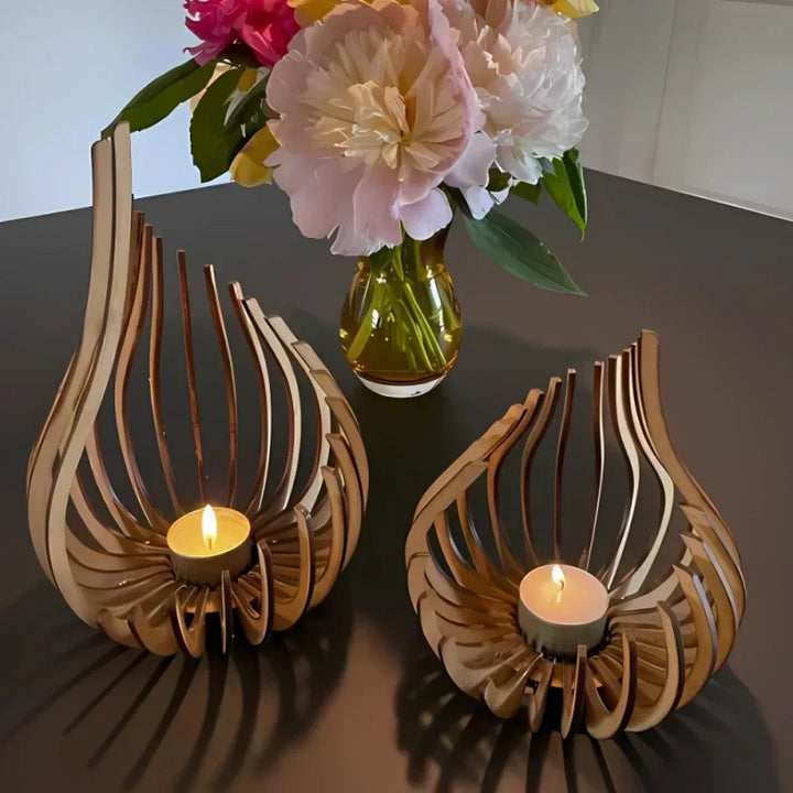 Modern wooden tea light stand with intricate hollow carvings, perfect for ambient lighting.
