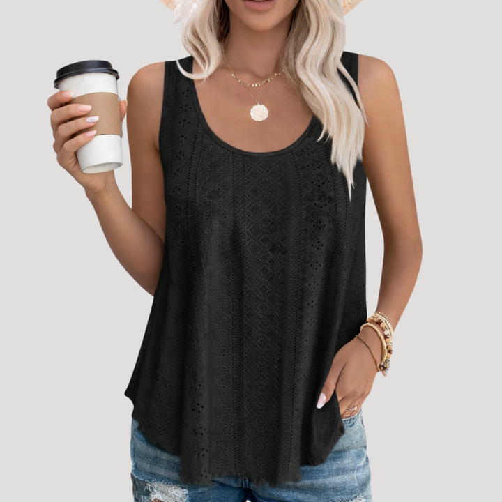 Close-up of the delicate eyelet detail on the front of the Women's Fenella scoop neck sleeveless tank top.